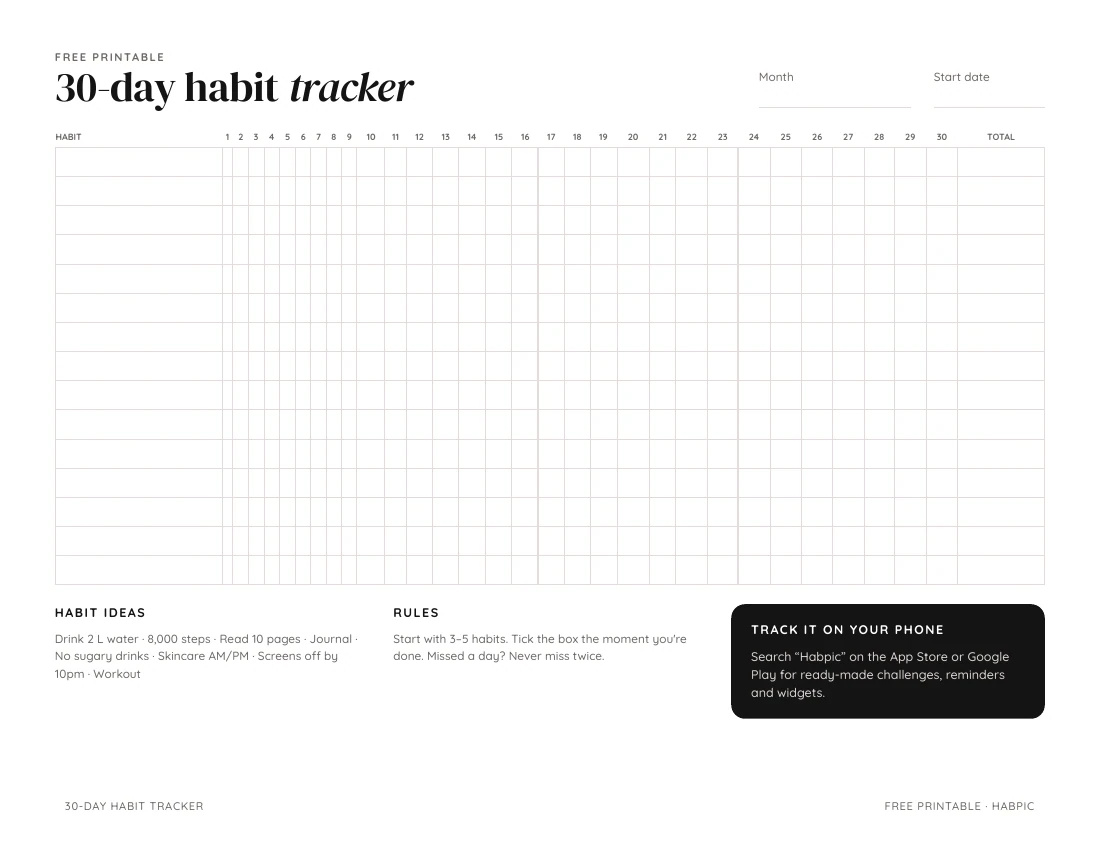 Page 1 of 1: 30-day printable habit tracker