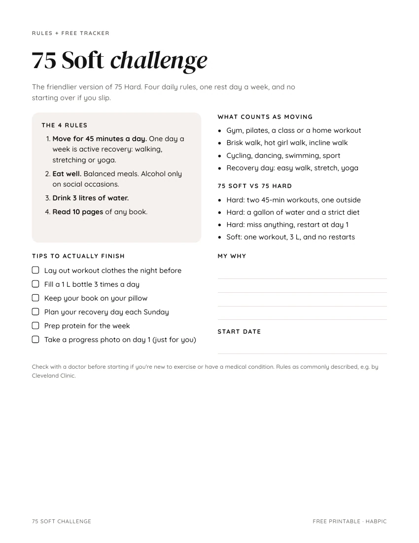 First page of the 75 Soft challenge printable PDF