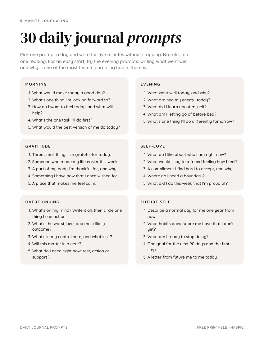 First page of the Daily journal prompts + writing page PDF