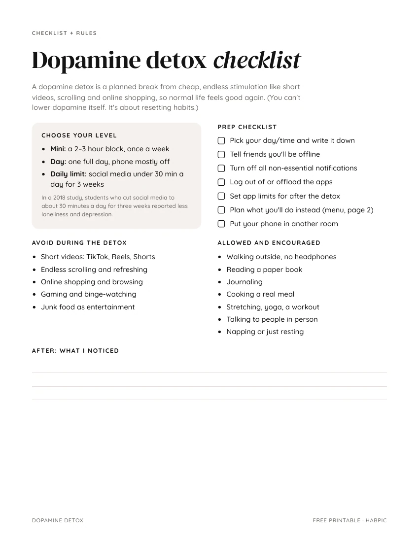 First page of the Dopamine detox checklist + menu PDF