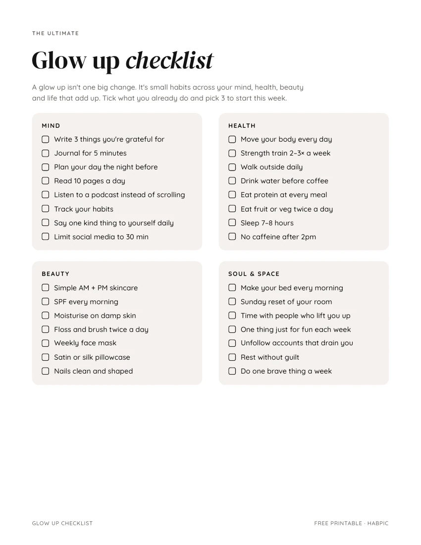 First page of the 30-day glow up checklist PDF