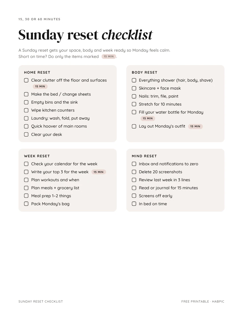 First page of the Sunday reset checklist PDF