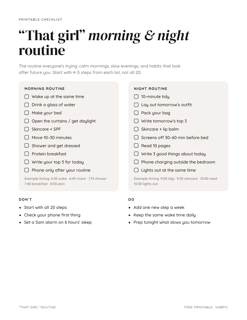 First page of the Morning + night routine checklist PDF