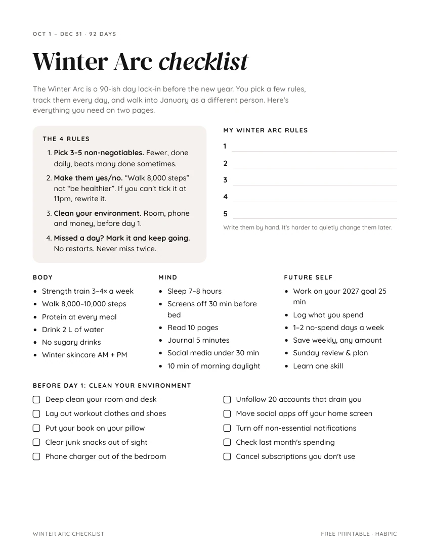 First page of the Winter Arc checklist + tracker PDF